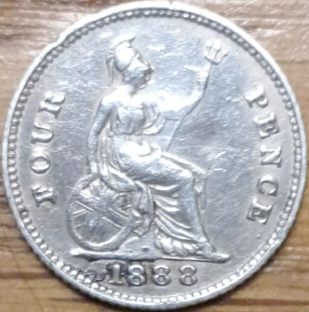 1888 Queen Victoria Jubilee Head Groat, Fourpence 4d, 1.9 grams Sterling Silver