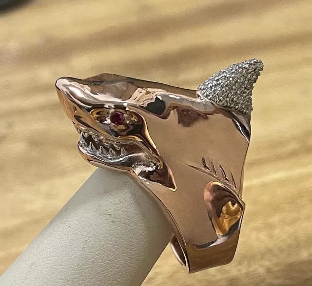 Impressive Large Solid 14K Rose Gold Shark Ring With VS Diamonds And Rubies