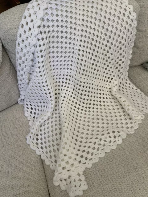 Vintage White Baby Blanket Lap Blanket Handmade Crochet Blanket Knitted