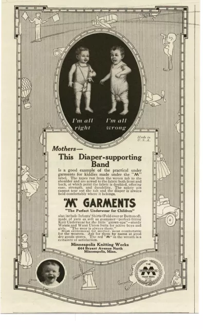 1918 M GARMENTS Children's Underwear Diaper Supporting Band art Vintage Print Ad