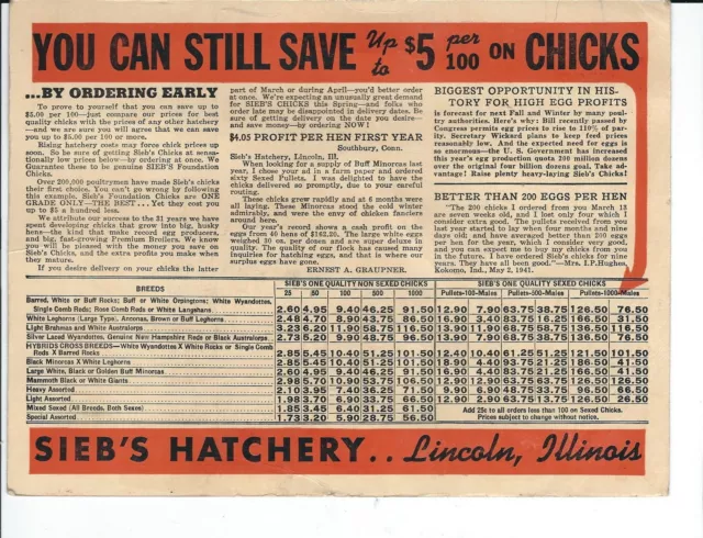 MB-108 - 1941 Sieb's Chicks Chickens Advertising Card Vintage Poultry Original