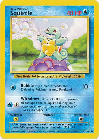 Squirtle Common Pokemon Card Base Set Unlimited English 63/102
