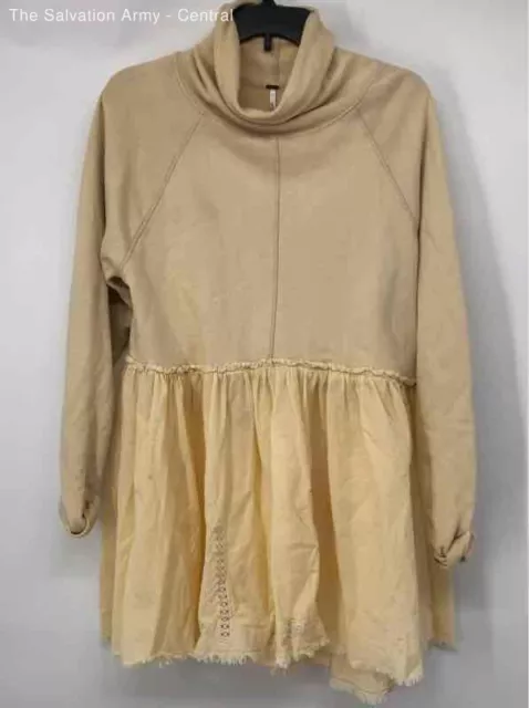 Free People Womens Beige Cotton Raglan Sleeve Turtleneck Pleated Tunic Dress S