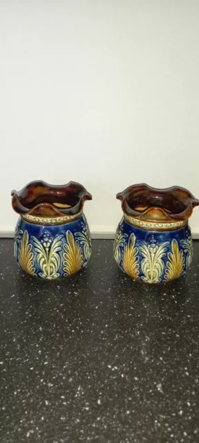 Pair Of Antique Small Doulton Lambeth Stoneware Jardiniere Art Nouveau 9 X 9 Cms