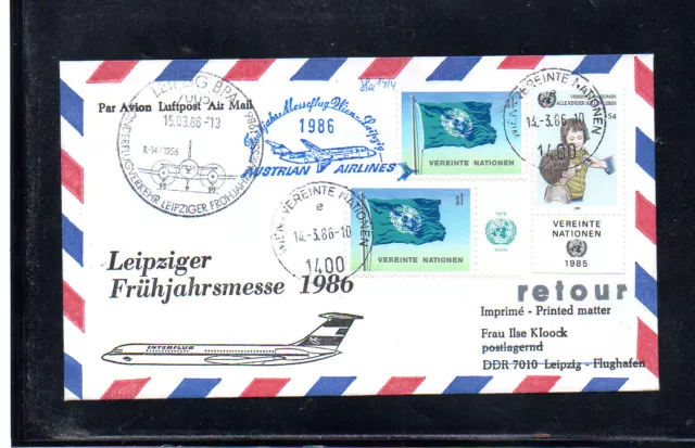 AUA FFC ERSTFLUG UNO VIENNA - LEIPZIG 1986 blue cachet 2