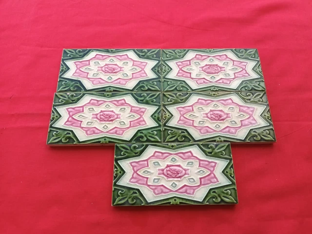 5 Piece Old Art Flower Design Embossed Majolica Ceramic Tiles Japan 0172 2