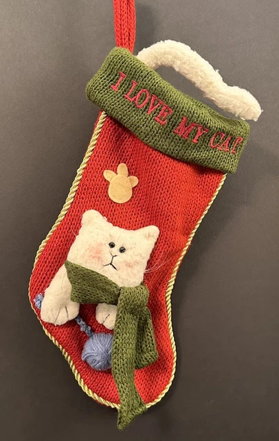 Cat With Yarn Christmas Stocking 3D Red Knit W/ Tail Topper 17"x8" Santa’s Best