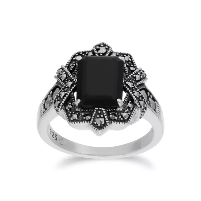 Art Deco Style Baguette Black Onyx & Marcasite Ring in 925 Sterling Silver