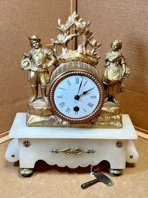 19th century French gilt spelter & Alabaster Figural Mantel clock