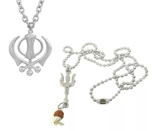 Punjabi Khalsa Logo Pendant & Shiva Trishul Mahadev Pendant Chain For Unisex