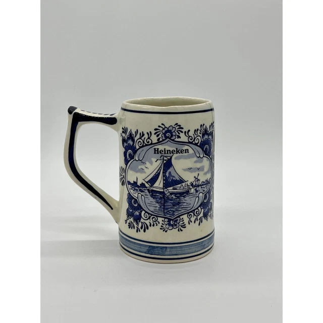 Vintage Hand Painted Delft Blue Heineken Beer Mug 5" Tall