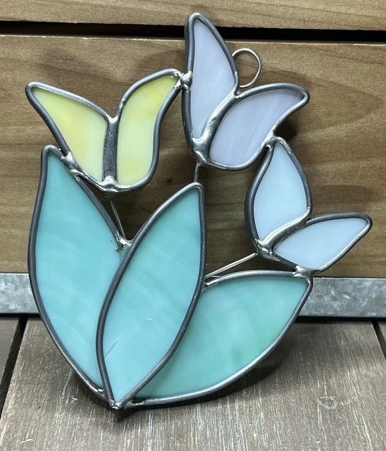 Small Stained Glass 3 Tulip Sun Catcher Hanging Flower Blue Green Purple Yellow