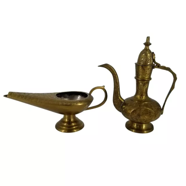 Vintage Brass Oil Lamp Incense Burner Tea Water Pot Carafe Pitcher Floral India