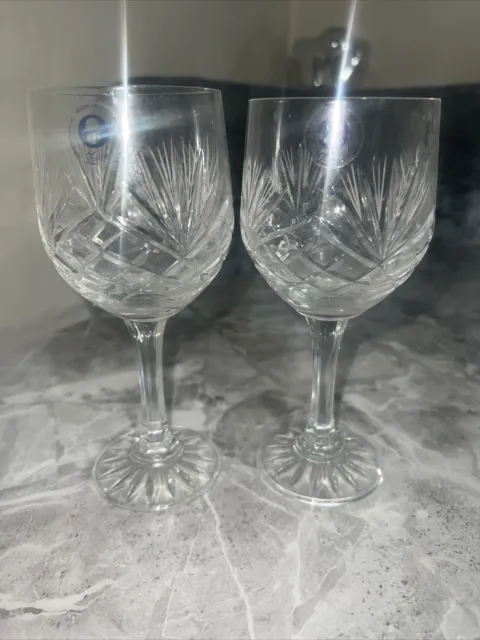 Lead Crystal Wine Glasses X2 Pair Labelled Genuine Polish Hand Cut Zawiercie 24%