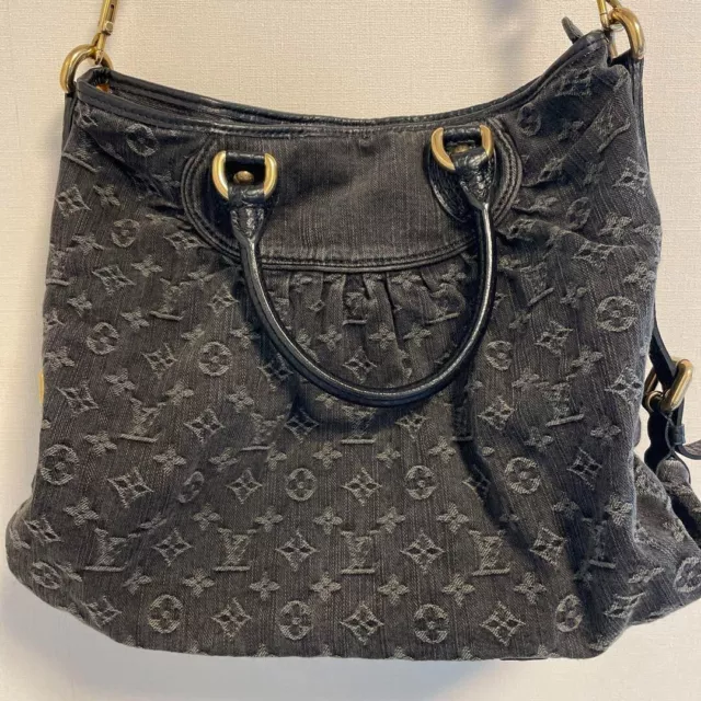 Louis Vuitton 2way Monogram Denim Hand Crossbody Bag Women Black Leather Genuine