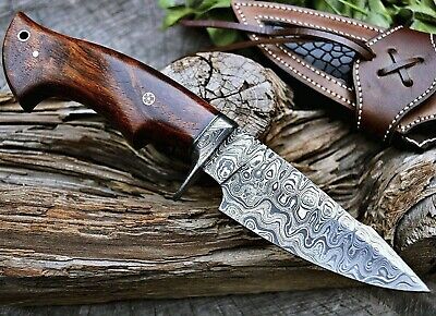 Custom Handmade Damascus Steel Fixed Blade Hunting EDC Knife "Rose Wood Handle