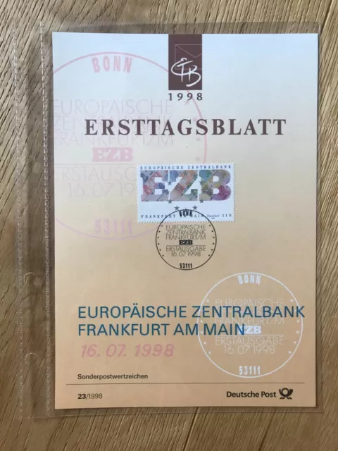 Ersttagsblatt Gründung der Europäischen Zentralbank Frankfurt 2000 ETB 23/1998