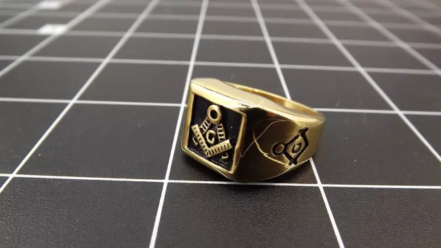 New Stainless Gold Tone Masonic Square & Compass Ring Freemason Blue Lodge S10