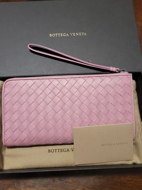 BOTTEGA VENETA Wristlet Intrecciato Woven Leather Mauve Zip Wallet W box