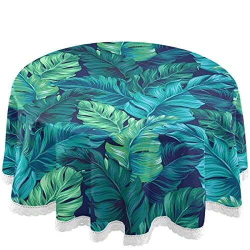 Round Tablecloth Turquoise Green Tropical Leaves Palm Leaf Table Cover Round ...