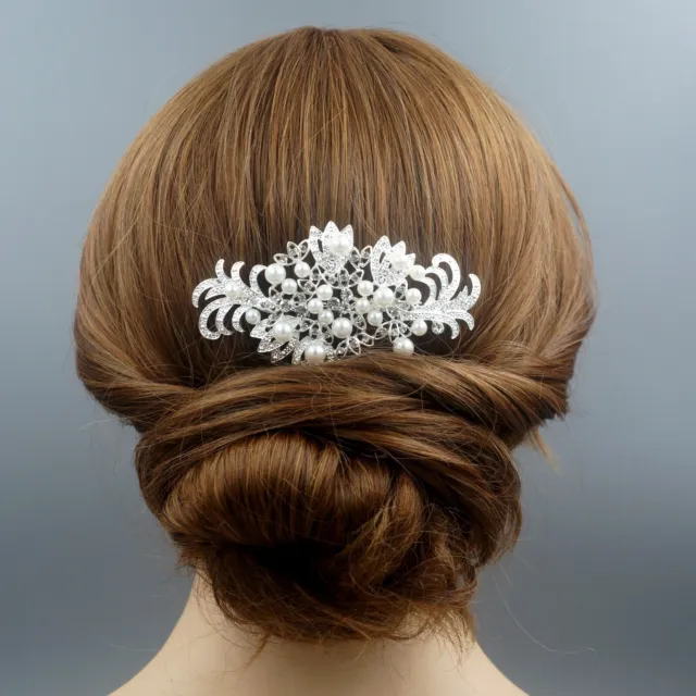 Floral Silver Bridal Hair Comb Pearl Crystal Headpiece Wedding Accessories 40006