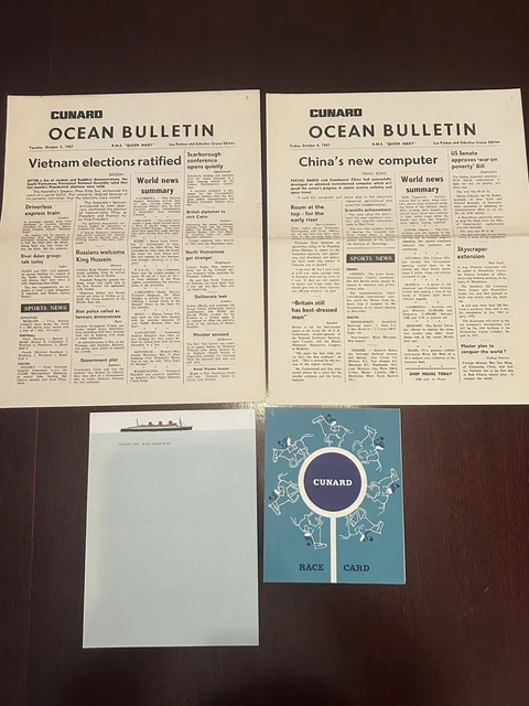 1967 Cunard Line 'R.M.S. Queen Mary' ; race card, Two Ocean bulletins, Notepaper