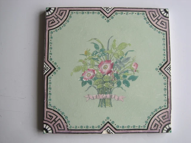 8" Sq. Antique Minton Hollins Floral Seasons Tile - Summer (Wild Roses) C1870