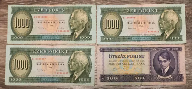 Hungary: 3 x 1000 Forint banknotes from 1993 & 1 x 500 Forint banknote 1990.