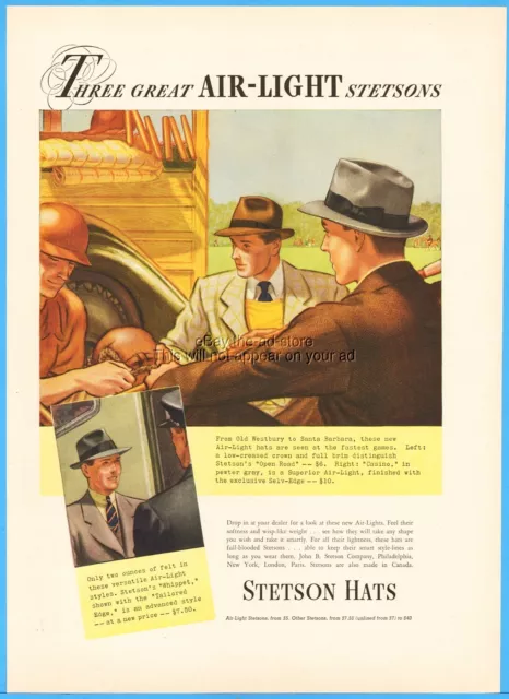 1937 Old Westbury Santa Barbara Polo Stetson Hat Fedora Open Road Whippet Ad