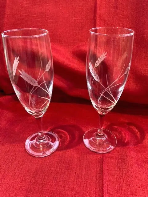 Pair Etched Crystal Cut Glass Champagne/Prosecco  Flutes