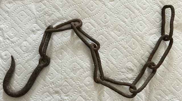 Primitive Tool Antique Hand Forged Iron Chain and Hook 28.5” Long.