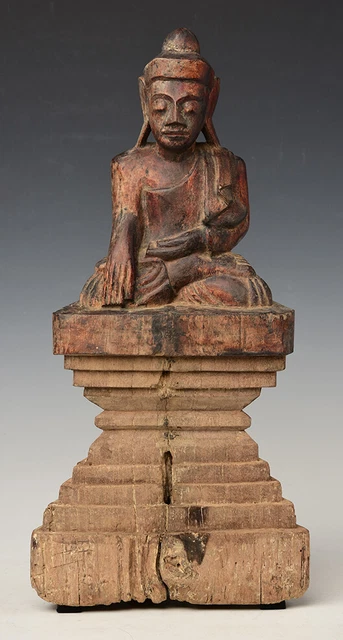 18th Century, Shan, Antique Burmese Wooden Seated Buddha