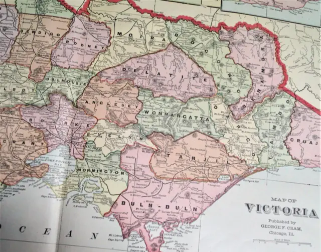 Victoria State Australia Atlas Map Page Plate 1908 Vintage George F. Cram