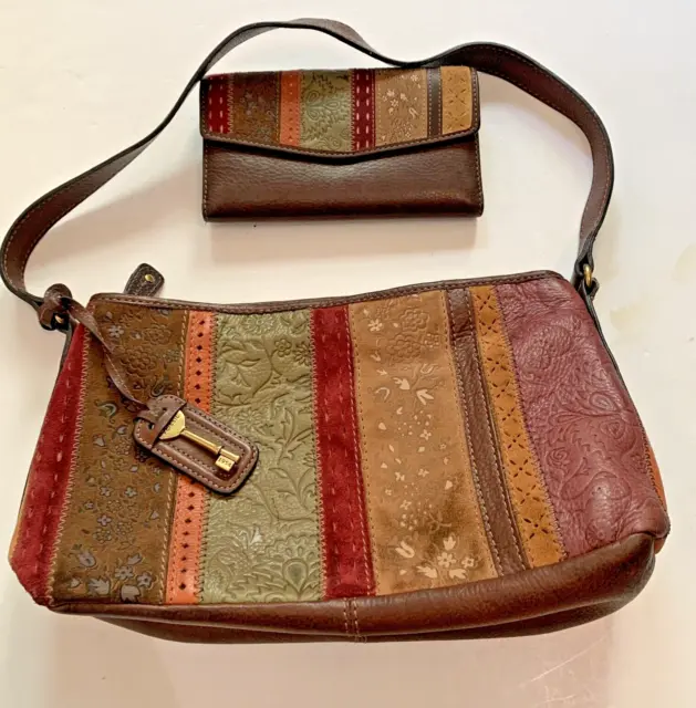 Fossil Multicolor Brown Leather Patchwork Shoulder Handbag Purse & Wallet Hobo