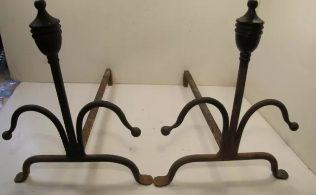 Antique Hand Wrought Iron Flower Or Plant Form Andirons W/Cast Aluminum Finials