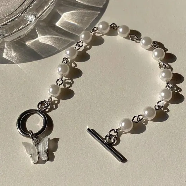Fashion Silver Acrylic Butterfly Pearl Chain Bracelet Bangle Women Jewelry Gifts
