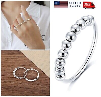 925 Sterling Silver Fidget Anxiety Relief Spinner Rings Women Rings with Beads