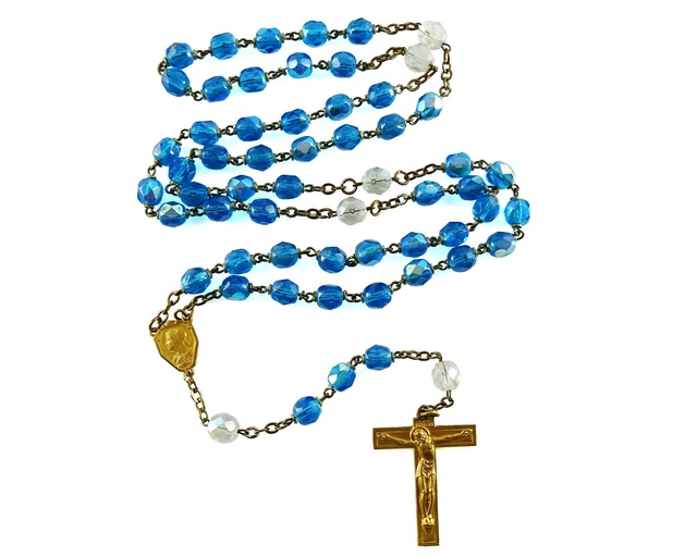 Vintage Rosary Blue Aurora Borealis Glass Beasd Tau Cross Crucifix Lourdes