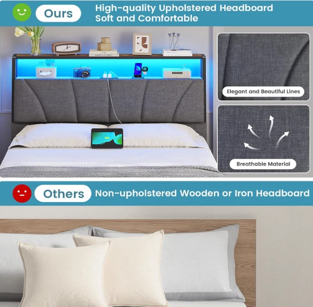 DOUBLE BED FRAME with Upholstered Storage Headboard, Stable and Sturdy ...