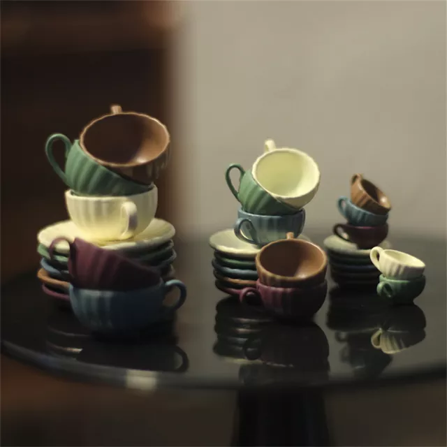 Mini 1:12 Doll House Miniature Tea Coffee Cup Spoon Saucer Set Model Round