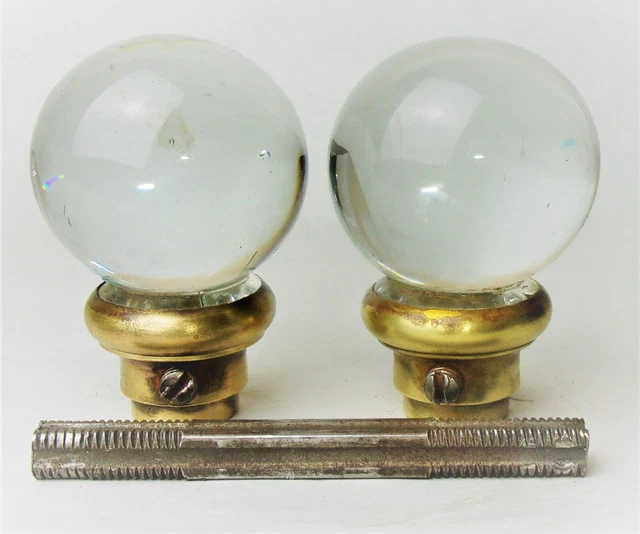 Pair Antique Vintage Victorian Small Clear Cristal Glass Ball Door Knobs Spindle