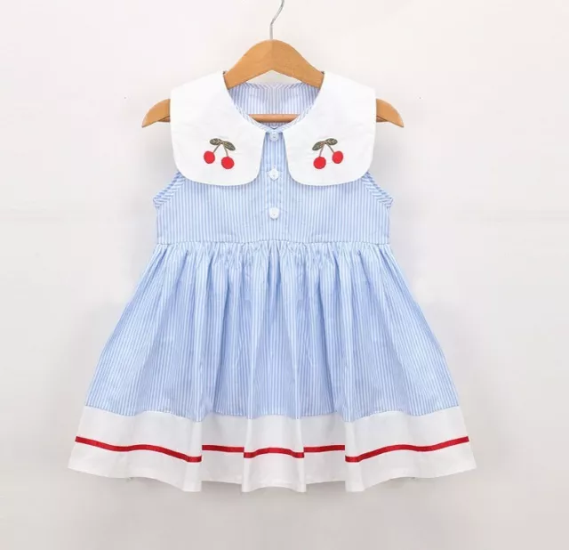 NWT Girls Blue Striped Cherry Peter Pan Collar Sleeveless Dress 2T 3T 4T 5T 6