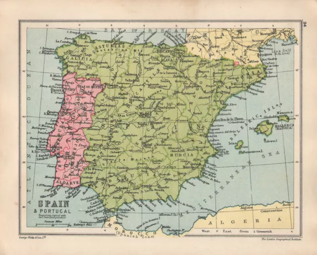 1934 Map ~ Spain & Portugal ~ Andalucia Murcia Castile Balearic Islands Majorca