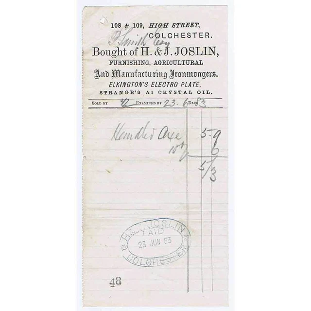1885 Billhead, H&J Joslin, Manufacturing Ironmongers, High Street COLCHESTER