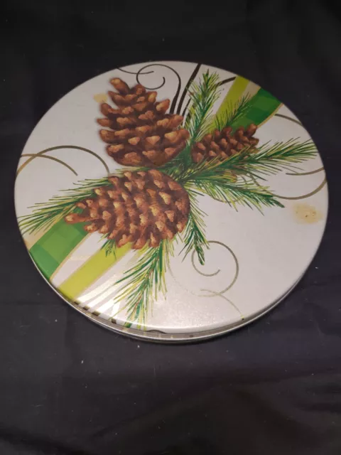 Vintage Christmas Tin Round Thin 60s 70s 10" Mid Century Modern Décor Pine Cones