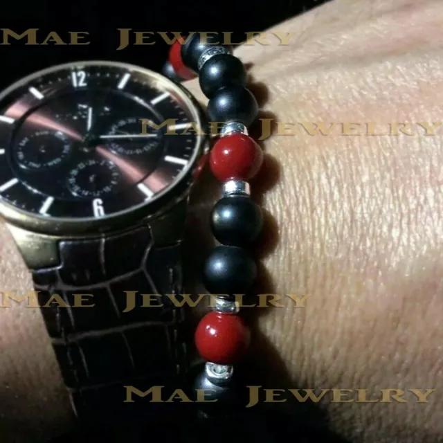 Bracelet extensible style célèbre 8 mm rouge/noir pierre de jade argent sterling 925