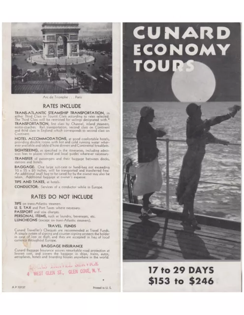 Cunard Economy Tours USA to England, France, Germany Belgium undated 1930's