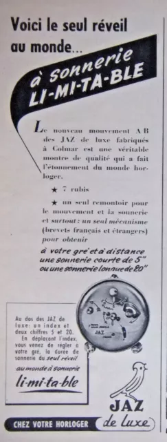 Publicité De Presse 1951 Réveil Jaz A Sonnerie Limitable - Advertising