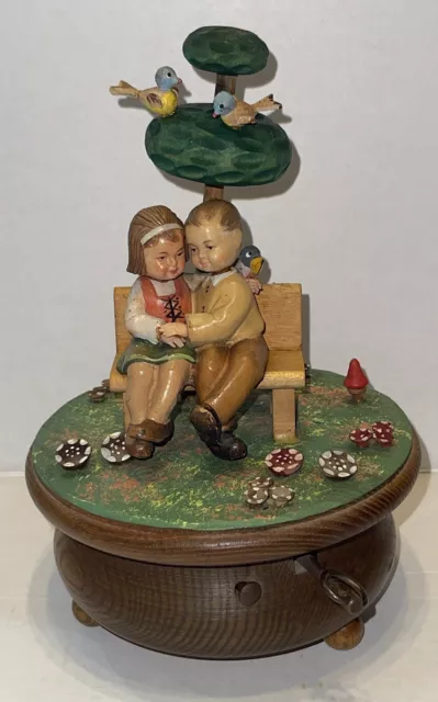 Vintage ANRI carved wood music box w/ Thorens movement  "What Now My Love”