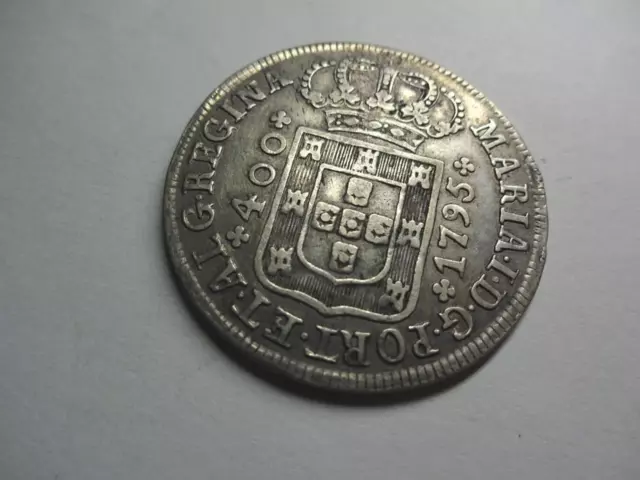 Portugal Brazil 1795 Crown/Shield/Cross 400 Reis Crown Coin Xf Silver 14.4G